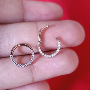 16G Segment Ring HINGED Segment Nose Ring Sparkling CZ Septum Clicker Ring Daith Hoop Rose Gold AB Paved