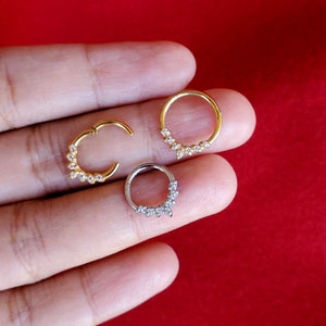 Septum Piercing Ring CZ Paved, Nose Ring, Daith Ring, Hinged Segment Clicker Hoop, 16G 8mm