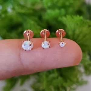 Vis en pierre opale blanche en or rose à filetage interne de 2 mm, 3 mm et 4 mm sur le goujon d'oreille Piercing Labret Tragus Cartilage noir plat