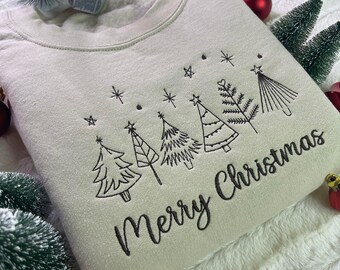 Merry Christmas Trees Embroidered Cozy Holiday Sweatshirt/Hoodie, FREE SHIPPING