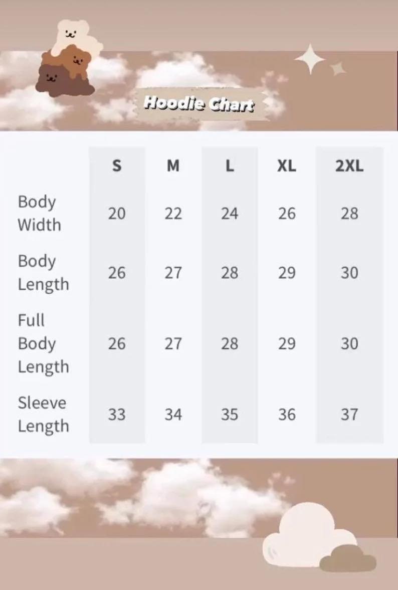 Puede incluir: Una tabla de tallas para sudaderas con capucha con medidas en pulgadas para el ancho del cuerpo, la longitud del cuerpo, la longitud total del cuerpo y la longitud de la manga. La tabla incluye las tallas S, M, L, XL y 2XL.