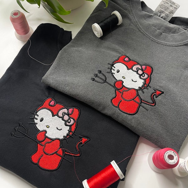 Cute Kitty Devil Embroidered Crewneck/Tee, High Quality, FREE SHIPPING