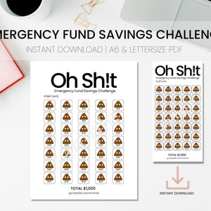May include: Printable "Oh Sh!t" Emergency Fund Savings Challenge chart with a poop emoji design. The chart has a start date section and a total of £1,000 to save.  The chart is designed to help people save money for an emergency fund.