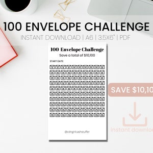 Op de afbeelding: Een printbare 100 Envelope Challenge-tracker in zwart-wit. De tracker bevat 100 enveloppen met de nummers 1-100. De tekst "Save a total of $10,100" staat bovenaan de tracker. De tekst "START DATE:" staat onder de titel. De tekst "@cdngirlcashstuffer" staat onderaan de tracker.