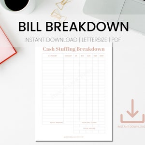 Cash Stuffing BILL BREAKDOWN SHEET | printable bill breakdown pdf | digital download | Cash Stuffing Bill Count Worksheet