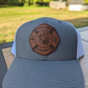 Chapeau des pompiers | Patch en cuir personnalisé, cadeau de pompier, pompier volontaire, équipement de station, chapeau de pompier, bonnet de pompier