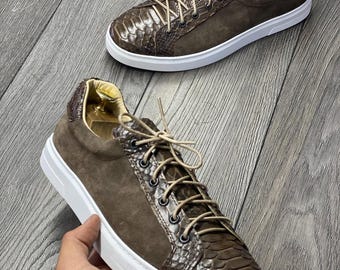 Genuine Olivaceous Moss Green Python Skin Tie Sneakers