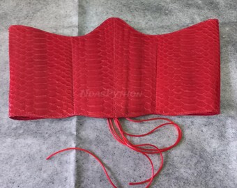 Ceinture corset en python rouge + ceinture en lézard bleu gratuite : serre-taille à lacets en peau de serpent