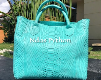 16in Blue Genuine Python Top Handle Bag, Snake Skin Handbag, Exotic Leather, Luxury Handbag