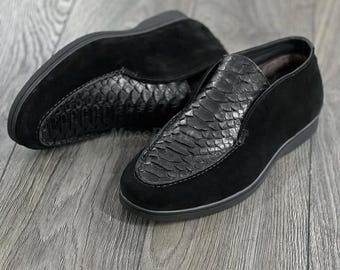 Black Python Skin Loafers: Leather Suede Moccasin Shoes
