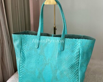 Blue Python Leather Top Handle Bag: Exotic Snake Skin Handbag