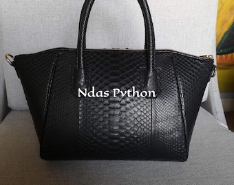 16in Black Genuine Python Top Handle Bag, Snake Skin Handbag, Exotic Leather, Luxury Handbag