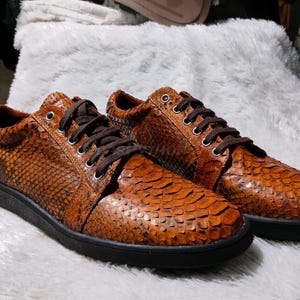 May include: A pair of brown leather sneakers with a snakeskin pattern. The sneakers have laces and a white rubber sole.