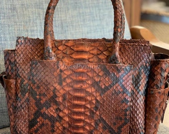 Genuine Python Top Handle Bag: 16in Exotic Snake Skin Handbag