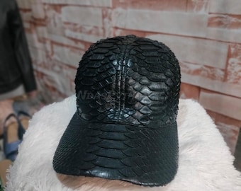 Black Genuine Python Leather Cap: Snake Skin Hat
