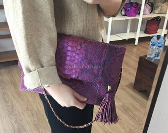 70%-off for Bulk Order, DM! Purple Genuine Python Shoulder Bag | Natural Python Skin | Genuine Python Bag | Python Handbag