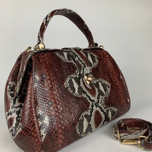 16in Brown Genuine Python Top Handle Bag, Snake Skin Handbag, Exotic Leather, Luxury Handbag