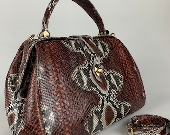 16in Brown Genuine Python Top Handle Bag, Snake Skin Handbag, Exotic Leather, Luxury Handbag