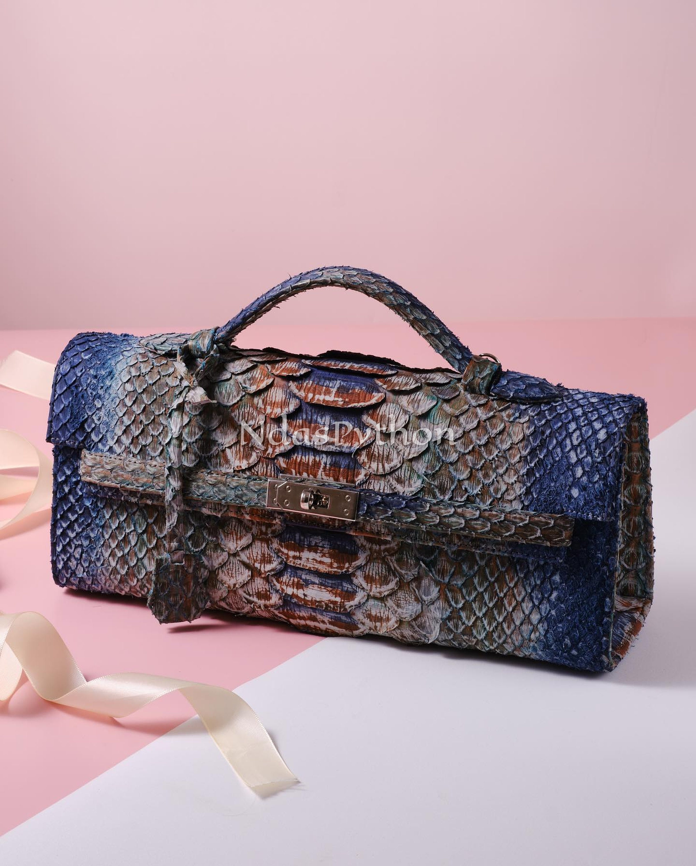 Blue Genuine Python Top Handle Bag, Real Snake Skin, Natural Python