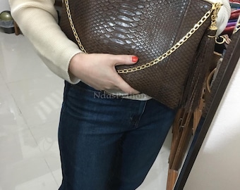 ¡70% de descuento en pedidos al por mayor, DM! Bolso de hombro de piel de pitón auténtica marrón / Piel de pitón natural / Bolso de piel de pitón auténtica / Bolso de mano de piel de pitón