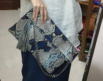 70%-off for Bulk Order, DM! Blue Genuine Python Shoulder Bag | Natural Python Skin | Genuine Python Bag | Python Handbag