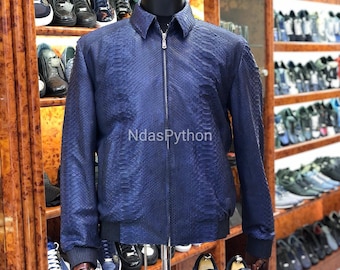 ¡70% de descuento en pedidos al por mayor, DM! Chaqueta de pitón auténtica azul exótica, piel de serpiente auténtica, chaqueta de piel de serpiente, chaqueta unisex.