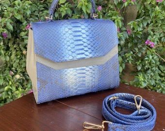 70 % de descuento en pedidos al por mayor, ¡envío directo! Bolso con asa superior de piel de pitón auténtica azul / Bolso con asa superior de piel de pitón auténtica / Bolso con asa superior de piel de serpiente auténtica / Bolso con asa superior de piel de serpiente