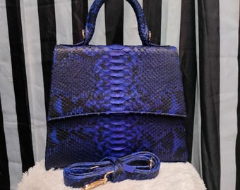 Blue Genuine Python Top Handle Bag: Real Snakeskin Leather