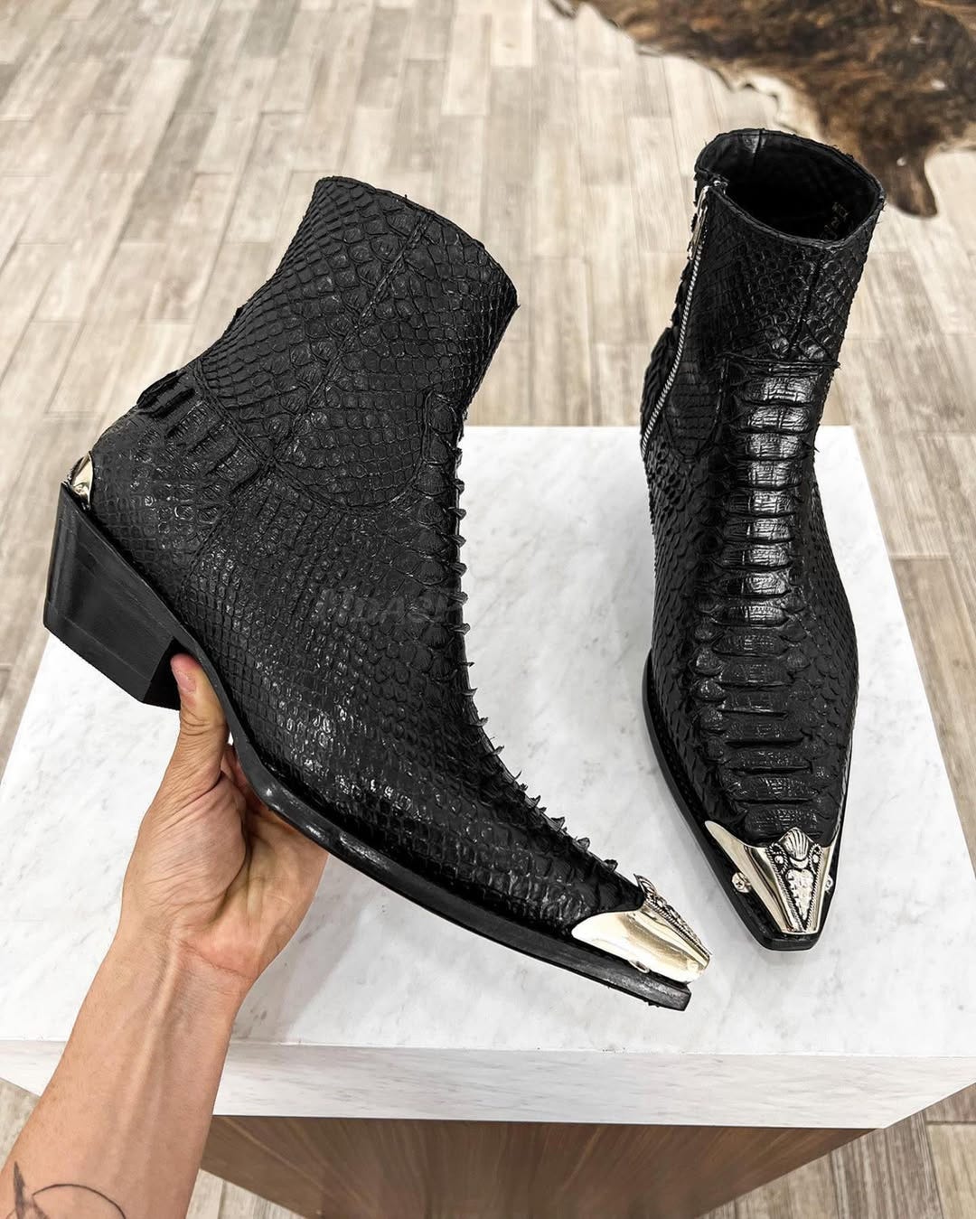 70%-off for Bulk Order, DM! Genuine Black Python Skin Boots With Metal ...