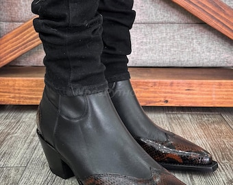 70%-off for Bulk Order, DM! Dark Brown Python Skin Boots mix Leather