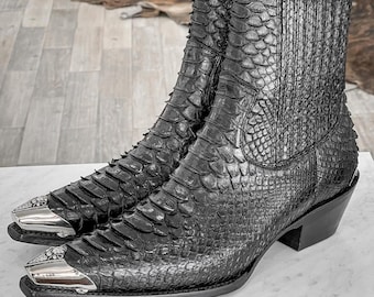 70%-off for Bulk Order, DM! Real Black Python Skin Boots with Metal Handcarved
