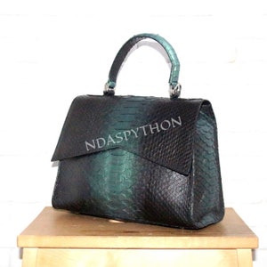 Puede incluir: Un bolso de mano de piel de pitón negro y verde con asa superior. El bolso tiene cierre de solapa y el texto "NDASPYTHON" está impreso en la parte delantera.