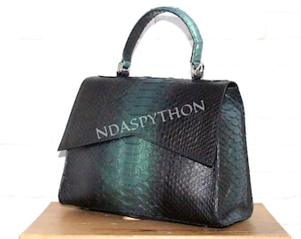 Black and Blue Genuine Python Top Handle Bag, Python Skin Handbag, Exotic Leather, Luxury Handbag, Real Snake Skin