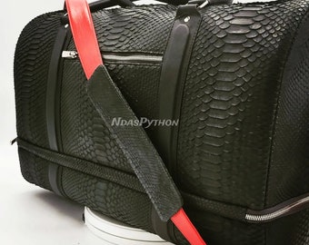 Bolsa de couro de píton preta com alça superior de 25 pol.: Bolsa de pele de cobra exótica