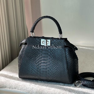 70%-off for Bulk Order, DM! Black Genuine Python Top Handle Bag, Real Snake Skin, Natural Python Skin, Genuine Python Bag, Python Handbag