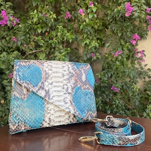 70%-off for Bulk Order, DM! Blue Genuine Python Shoulder Bag | Real Snake Skin | Natural Python Skin | Genuine Python Bag | Python Handbag