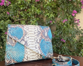 70%-off for Bulk Order, DM! Blue Genuine Python Shoulder Bag | Real Snake Skin | Natural Python Skin | Genuine Python Bag | Python Handbag