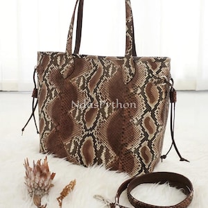 16in Brown Genuine Python Top Handle Bag, Real Snake Skin, Natural Python Skin, Genuine Python Bag, Python Handbag