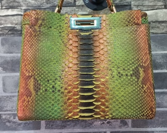 14in Green Genuine Python Top Handle Bag, Snake Skin Handbag, Exotic Leather, Luxury Handbag