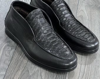 Black Python Skin Loafers: American High Moccasin Boots