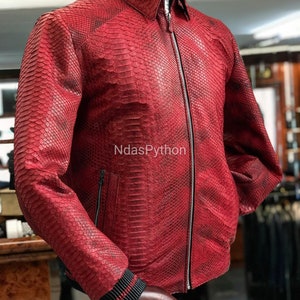 70%-off for Bulk Order, DM! Red Exotic Genuine Python Jacket, Real Snake Skin, Snake Skin Jacket, , Jacket For Unisex