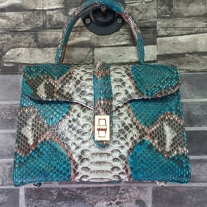 May include: A small, teal, brown, and white handbag made of snakeskin. The bag has a top handle and a gold clasp.