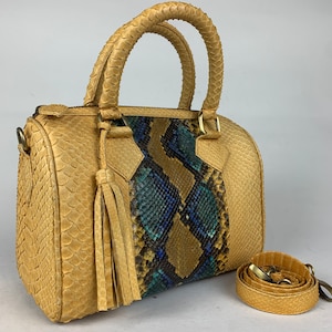 16in Yellow Genuine Python Top Handle Bag, Snake Skin Handbag, Exotic Leather, Luxury Handbag
