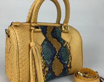 16in Yellow Genuine Python Top Handle Bag, Snake Skin Handbag, Exotic Leather, Luxury Handbag