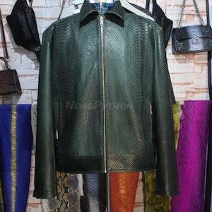 70%-off for Bulk Order, DM! Green Exotic Genuine Python Jacket, Real Snake Skin, Snake Skin Jacket, , Jacket For Unisex