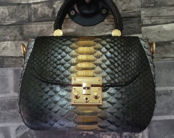 70 % de descuento en pedidos al por mayor, DM. Bolso de mano de piel de serpiente de pitón auténtica en color negro y dorado, bolso de mano de piel de serpiente, cuero exótico, bolso de mano de lujo