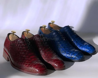 Maroon and Blue Python Skin Tie Loafers