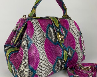 16in Purple Genuine Python Top Handle Bag, Snake Skin Handbag, Exotic Leather, Luxury Handbag