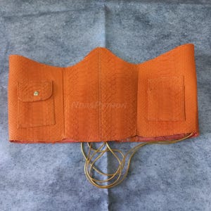 Könnte beinhalten: Orangener Schlangenleder-Gürtel mit zwei Taschen und einem goldfarbenen Kordelverschluss. Der Gürtel hat eine strukturierte Oberfläche und eine kleine Tasche mit einem goldenen Knopf. Der Text "ANDAS PYTHON" ist sichtbar.