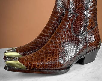 70%-off for Bulk Order, DM!Brown Python Skin Boots with Metal Accessories